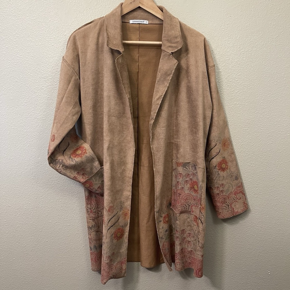 Unisono Italy Watercolor Floral Velour Open Blazer‎ Jacket Cardigan Brown Size M
